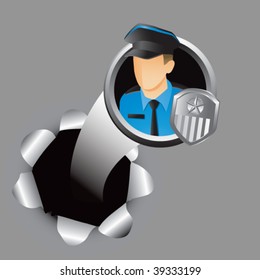 Policeman and badge coming out of paper hole