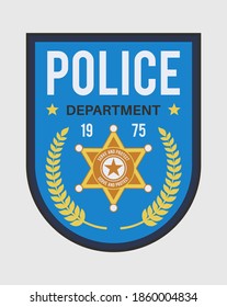 Policeman badge. Police security blue medallion with star shape for military uniform of sherif or federal marshal and detective officer. Clothes label vector single isolated on white illustration