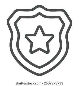 Policeman badge with star line icon, law and order concept. Vector graphics. Police emblem, protection shield sign on white background, outline style icon for mobile or web design