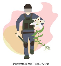 A policeman with a baton dragging uprooted lily flower on a background of flames. The lily flower symbolizes the unjustly detained peaceful protester.