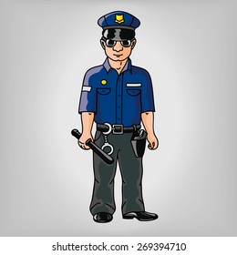 Policeman with baton, handcuffs and gun. Editable vector illustration.