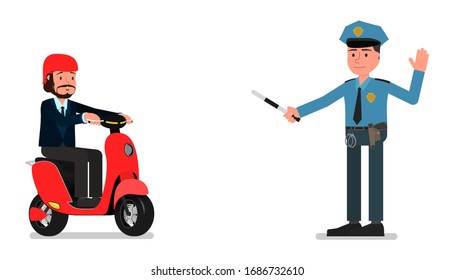 Ein Polizist mit Schlagstock hält einen Verkehrsdelikt an. Vektorillustration, Flachdesign-Stil. Einzeln auf weißem Hintergrund.