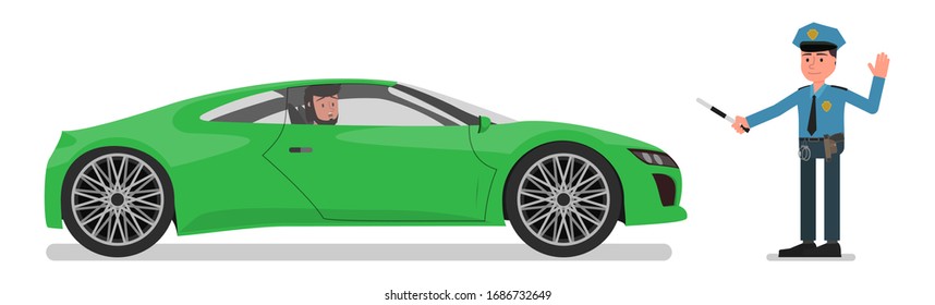 A policeman with a baton stops a traffic offender. Vector illustration, flat design style. Isolated on a white background.