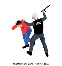 Policeman beating arrested man with baton 3d isometric icon vector illustration