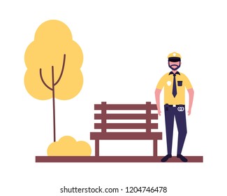 policeman with bench tree in the park
