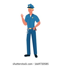 Policeman in a blue uniform with cap standing in a pose. Vector illustration isolated on white background