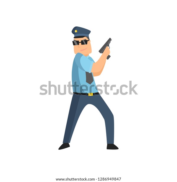 Policeman in blue\
uniform with a police badge in a cap and glasses performs his daily\
work protecting\
people.