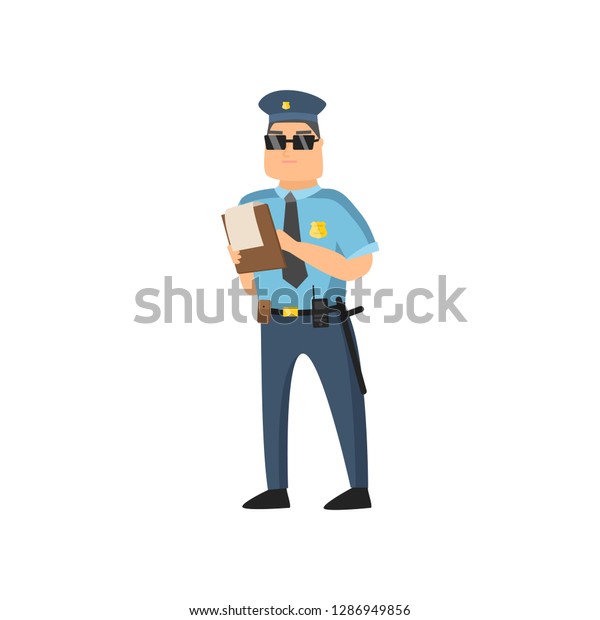 Policeman in blue\
uniform with a police badge in a cap and glasses performs his daily\
work protecting\
people.