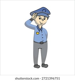 Policial em uniforme azul saudando gesto vetor ilustração