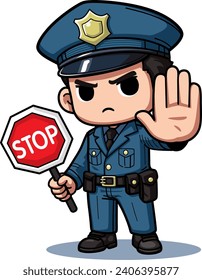 Polizist in blauer Uniform mit Stoppschild