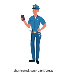 Policeman in a blue uniform standing with the walkie talkie. Vector illustration isolated on white background