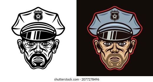 Policeman with bristle in hat vector illustration in two styles black on white and colorful on dark background