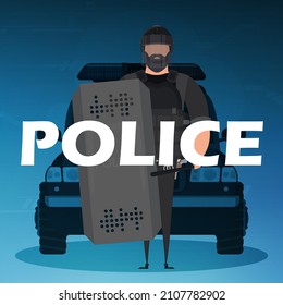 A policeman in a bulletproof vest in front of a car. Square poster. Cartoon style.