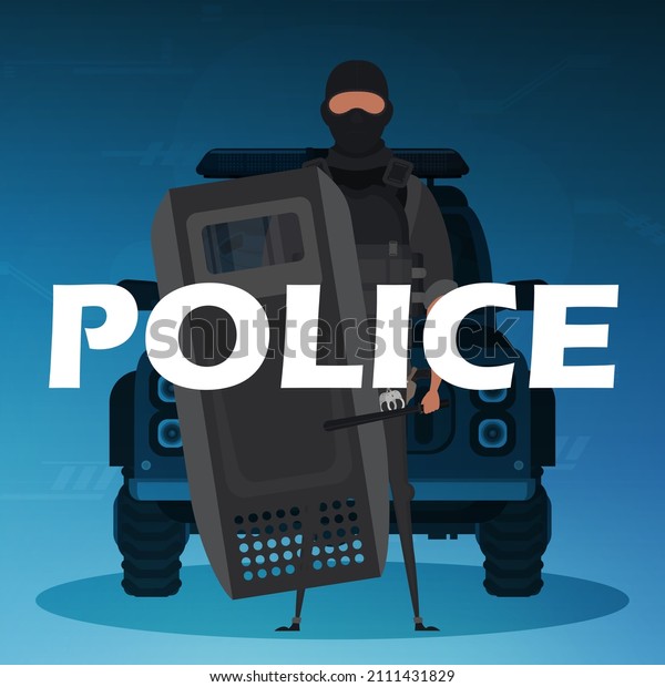 A policeman in a bulletproof vest\
in front of a service car. Square poster. Cartoon\
style.