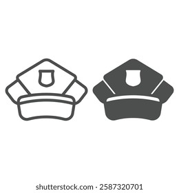 Policeman cap with emblem line and solid icon, police force headwear concept. Vector graphics. Hat of police man, guardener sign on white background, outline style icon for mobile or web design