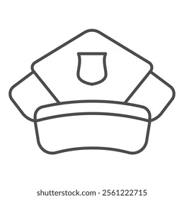 Policeman cap with emblem thin line icon, police force headwear concept. Vector graphics. Hat of police man, guardener sign on white background, outline style icon for mobile or web design