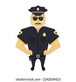 Policía con una gorra con las manos en el cinturón. Caricatura de un policía serio con uniforme y gafas.