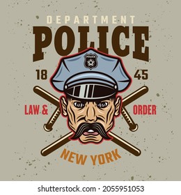 Policeman in cap and two crossed batons vintage emblem, label, badge or logo with policeman in cap. Vector illustration in colorful cartoon style on light background with removable grunge textures
