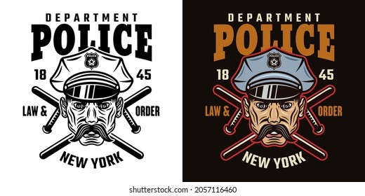 Policeman in cap and two crossed batons vector emblem, label, badge or logo in two styles black on white and colorful on dark background