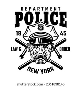 Polizist auf Mütze mit zwei gekreuzten Schlagstöcken, Vektorsymbol oder T-Shirt-Druck einzeln auf weißem Hintergrund