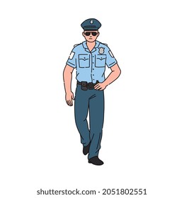 Policeman cartoon character in blue uniform shirt and peaked cap, sketch vector illustration isolated on white background. Police forces officer or cop male image.