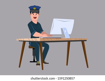 policeman cartoon character working in computer.