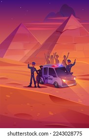 Policeman catch thief in desert in Egypt. African sand desert landscape with pyramids, police car and officer arresting tomb robber in evening, vector cartoon illustration