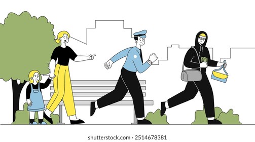 El policía atrapa al ladrón. Hombre con uniforme de policía corriendo y joven con capucha negra con bolsa en las manos. Seguridad en las calles de la ciudad y protección contra la delincuencia. Ilustración vectorial lineal