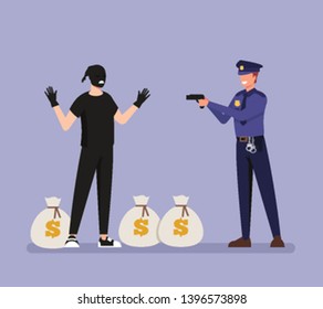 Policeman caught a thief with stolen money bags. Crime scene concept. Vector flat graphic design cartoon illustration
