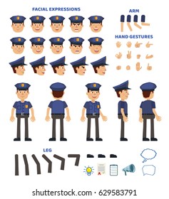 Policeman character creation set. Various gestures, emotions, diverse poses, views. Create your own pose, animation. Simple style vector illustration