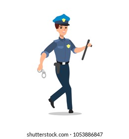 Policeman character. Full length officer. Cartoon flat illustration. Isolated on white background. Run.