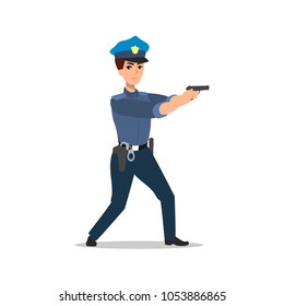Policeman character. Full length officer. Cartoon flat illustration. Isolated on white background. The policeman shoots.