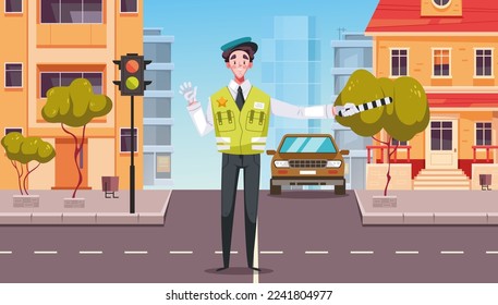  Policeman character guard standing with traffic light concept. Vector graphic design illustration element