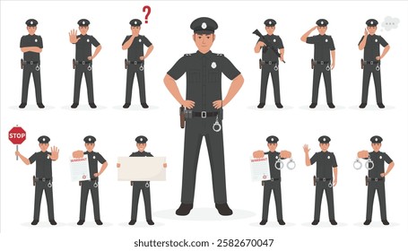 Policeman character pack male police collection set vector illustration