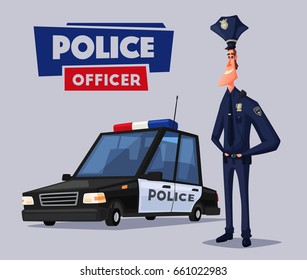 Policeman character and police car. Cartoon vector illustration