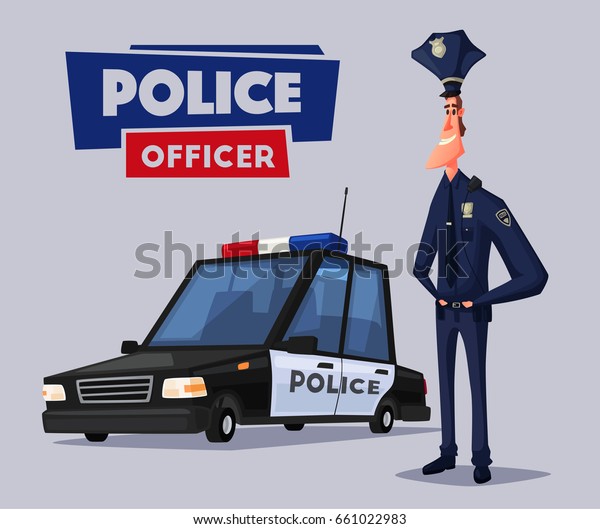 Policeman character and police car. Cartoon\
vector illustration