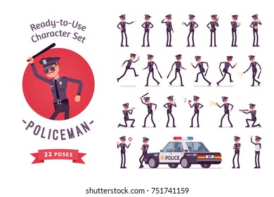 Policeman character ready-to-use character set. Young male officer in uniform on duty, city patrol on official car, street guard, full length, different views, gestures, emotions, front and rear view