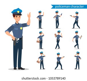 Policeman character set. Full length officer, different views, emotions, gestures, professional tools and attributes. Cartoon flat illustration. Isolated on white background.