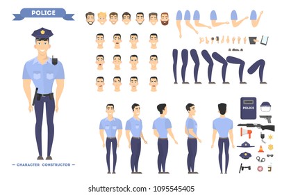 Policeman character set. Police officer poses and emotions.