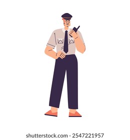 Personagem policial em uniforme com gravata de pé com ilustração vetorial Walkie-Talkie