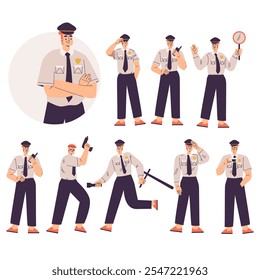 Personagem policial em uniforme com conjunto de vetores de ligação
