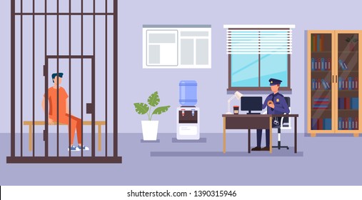 Policeman character working. Police department low system concept. Vector design flat graphic cartoon illustration