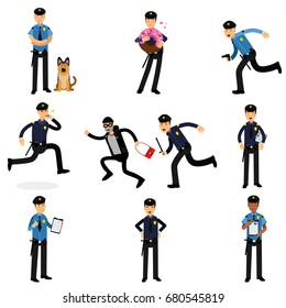 Policeman characters doing their job set, policemen at work vector Illustrations