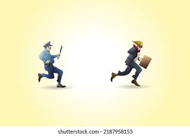 A policeman chase after a criminal in business suit, for the concept of enforcement action against white collar crime. Hand drawn vector illustration.