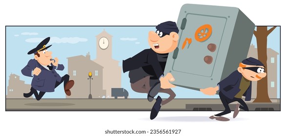 Policeman chase thieves with safe. Funny people. Illustration concept template for website, web landing page, banner, presentation, social, poster, promotion or print media.