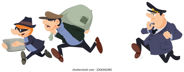 Policeman is chasing robbers. Funny people. Illustration concept template for website, web landing page, banner, presentation, social, poster, promotion or print media.