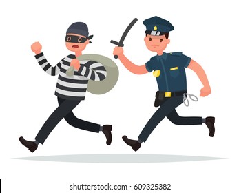 Policeman chasing a thief. The concept of combating crime. Vector illustration in a flat style