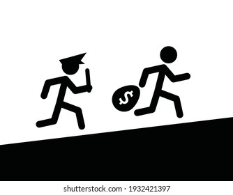 policeman chasing thief, icon concept, black and white, vector illustration