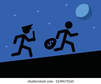 policeman chasing thief, icon concept, night sky, vector illustration