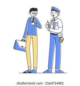 Policeman checks the documents of passerby. Professional characters flat vector illustration. Different occupations people standing in line